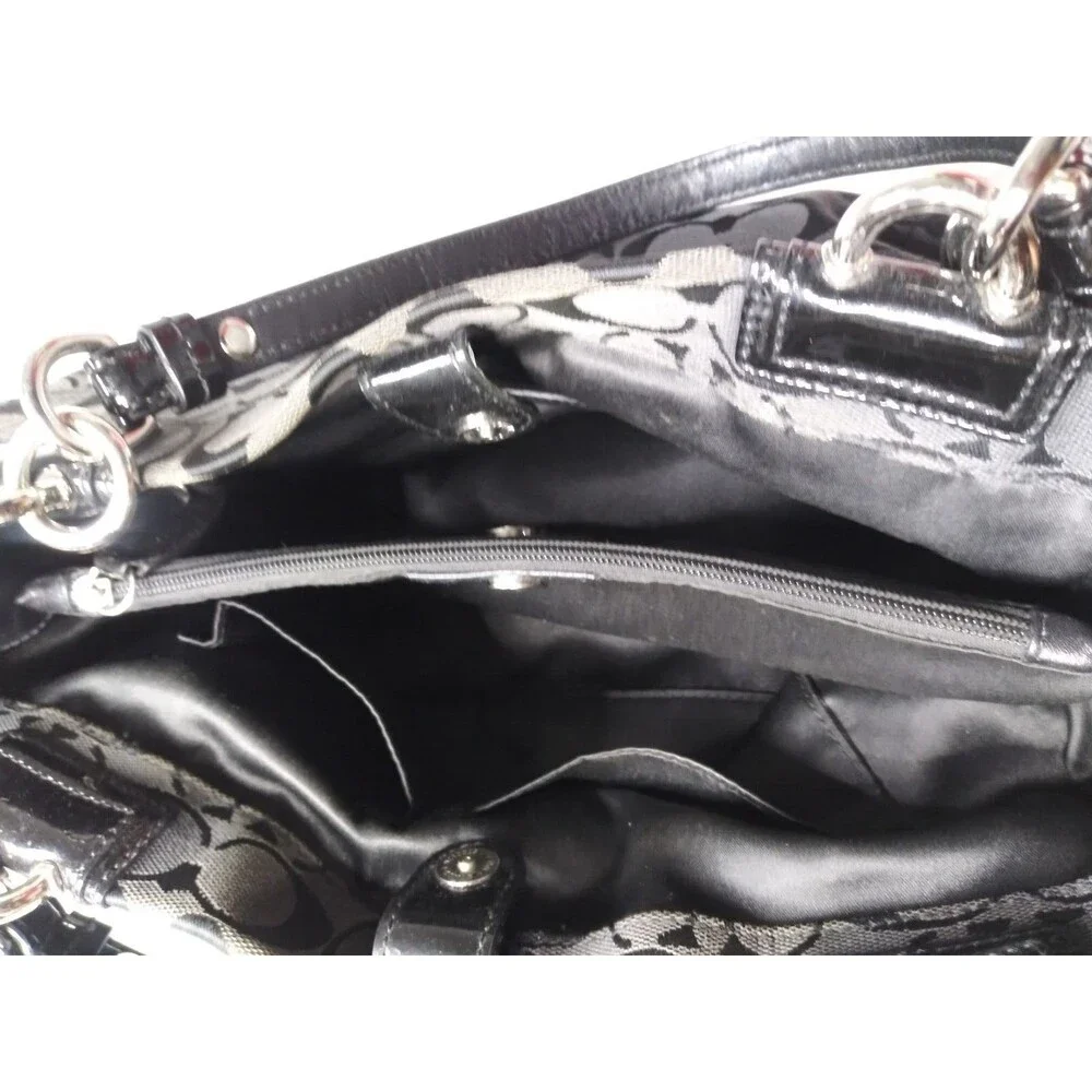 COACH F16580 Black Logo Canvas & Leather Handbag Python Embossed Accent